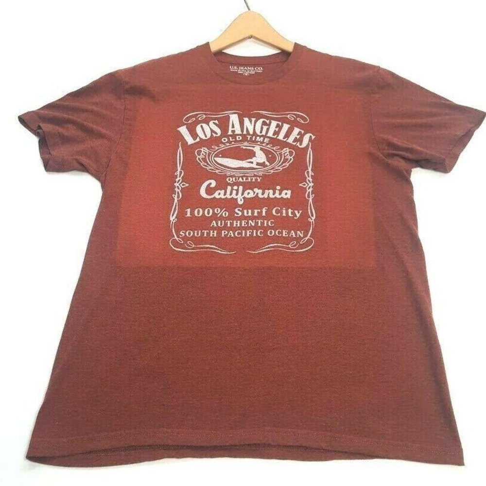 US Jeans Co Los Angeles Surf City Jack Daniels Label Parody Tee T-Shirt Red Size - Picture 1 of 8